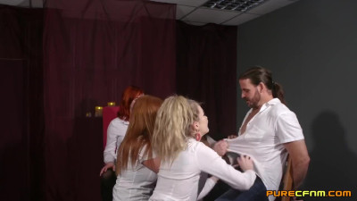 Ella Rox, Eva Ray and others jerks off cock in reverse gangbang