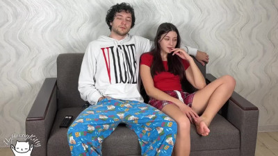 Naughty stepsiblings masturbate together on the couch