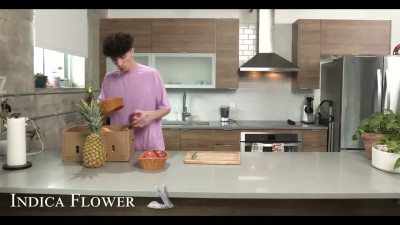 Busty brunette Indica Flower is playing with her friend's man in the kitchen