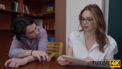 Horny teenager dirty fucked a busty Russian teacher in the library while she was busy reading.