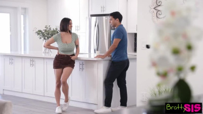 Hot teen with enormous tits seduces her stepbrother and works on his hard cock