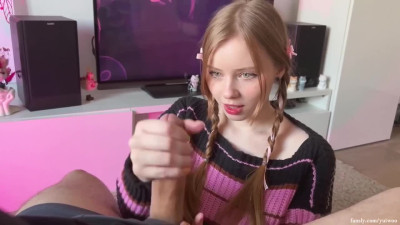 Super cute green-eyed redhead sucks dick with her lips smacking!