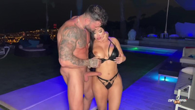 Busty latina is having a hot perv fuck with a strong man outdoors