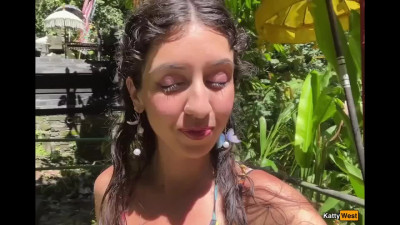 Perv brunette is walking in public places with cum on her face