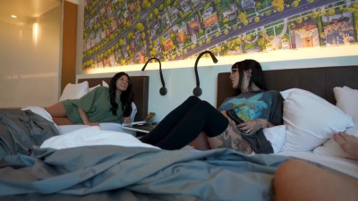 Brunette stepsisters caught during dyke play and got fucked by a boyfriend of one of them