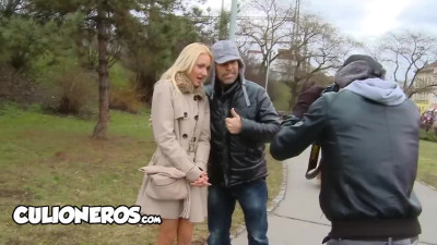 Dude watches his blonde slut's being fucked in front of him