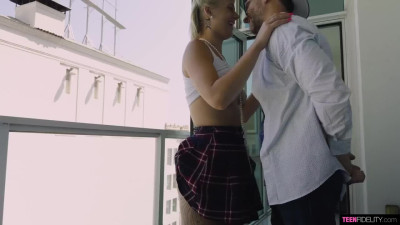 Blonde slut gives deep throat blowjob to her boyfriend on the loggia