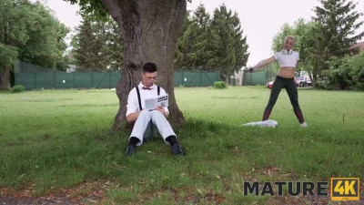 Sporty mature bitch engages a nerdy student in her lustful network.