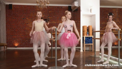 Crowd of young Russian ballerinas enjoying group activities sharing one cock.