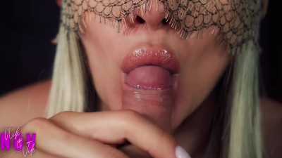 Sweet blowjob close-up with juicy cumshot in naughty blonde mouth.
