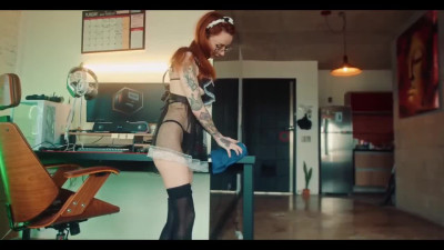 Tattooed maid wants to wipe some dust off your dick.