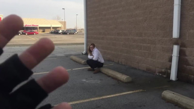 Perverted Blonde in glasses swallow my cum on a street for money