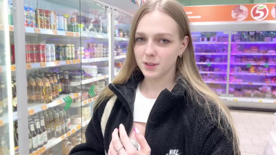 Adorable young babe asks a stranger to buy her an energy bdrink and then she lets him fuck her