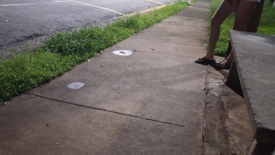 Kink redhead sucks a random guy's dick on a bus stop in the night