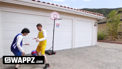 Hot busty step-mom Crystal Rush and Carmen Valentina seduced their step-sons after winning basketball math to make wild group fuck
