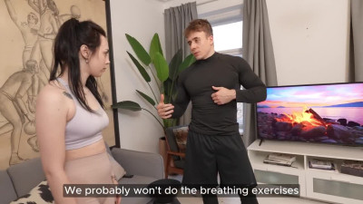 My muscular trainer conducts an unusual yoga workout, and I obediently do whatever she says.