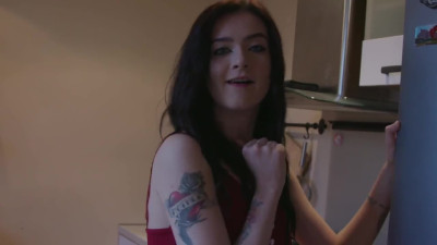 Cute inked brunette in stockings straponed her big bf in anal