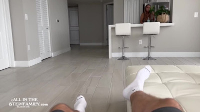 Blonde milf seduces her stepson on the couch POV