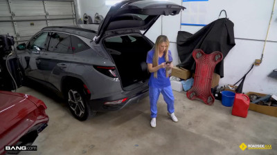 Skinny blonde tries to handle this fat cock of a tecnician dude in his car repair shop