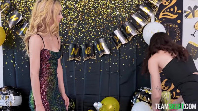 Two gorgeous teens Jazmin Luv and Liz Jordan are pleasing Brock Cooper on his birthday
