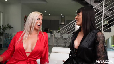 Sexy Busty MILF Masseuses Bambi Blitz & Brunette Charlie Valentine Have 3-some Fun With a Young Client
