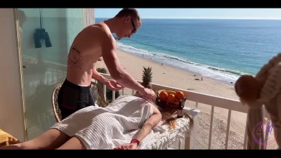 Hot Slim Blonde Babe Grants Her BF Mind-blowing BJ & Sex After an Erotic Massage On the Balcony