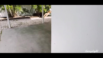 Fit stepmom allows to cum in her panties after outdoor handjob