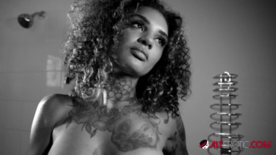 B&W solo scene showing a very pretentious girl with a hairy twat