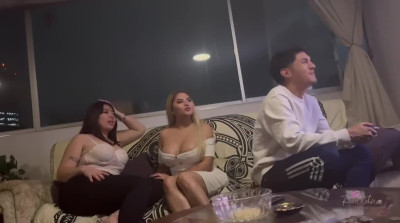 Booty Blonde and Brunette seduced teen nerds guys to group fuck