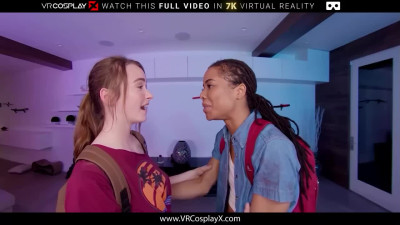 Small tits Kira and Hazel share hard cock on the couch POV