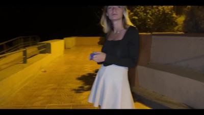 Blonde babe lets him see what under her skirt and fucks outdoors