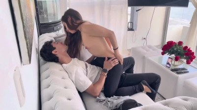 Morning fuck on sofa with a petite Latina with small tits