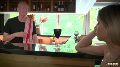 Slim Flat-chested Blonde Teen Entices an Old Bald Barman Into Passionate Sex On the Couch