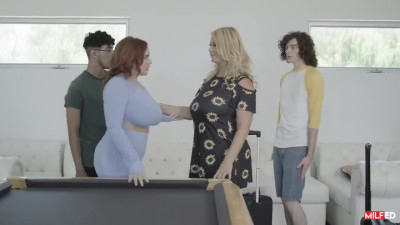 Two thick MILFs Natasha Nice and London River get their phat pussies fucked by young studs