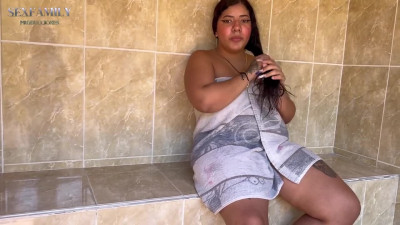 Indian stepsister exposes her curvy curves and sensually jumps on a hard cock in the sauna.