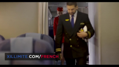 Wild fuck with busty MILF flight attendant on French airlines