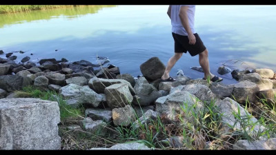 A fisherman caught a big upland catch in the form of a busty naked blonde on the shore!