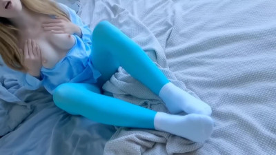 Kinky teen put on a blue pantyhose to play with him