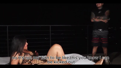 Hot brunette teases him and gets pumped out on the balcony