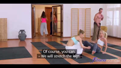 Two flexible teens get their mouths and pussies fucked by a yoga instructor