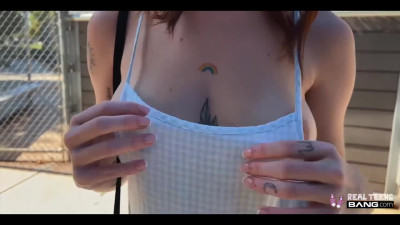 Beautiful redhead masturbates outdoors, but craves for real cock