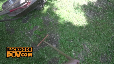 Obedient maid rides his cock in the backyard POV