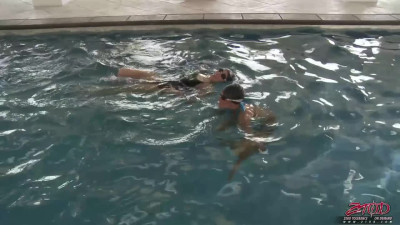 Three sexy girls get tired and bored after swimming in the pool and join in for a quick and passionate lesbian sex