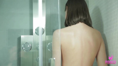 Hot Andy R spread her legs in a shower to play with her pussy