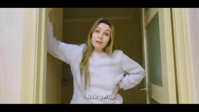 Russian stepmom gets her pussy fucked by a stepson after getting stuck under the bed