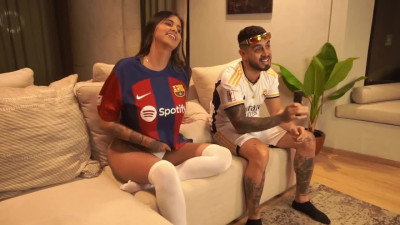 Busty stepsis fucks with him in different football jerseys