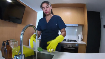 A slutty maid works extra hours to please her man's dick