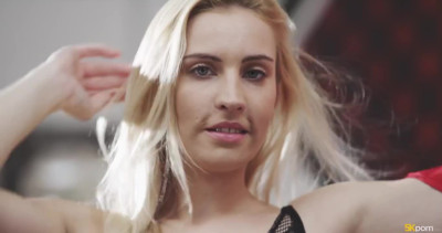 Slim blonde Kama enjoys his hard dick on the couch