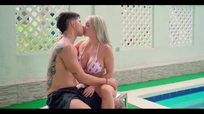 Slutty busty Blonde babe enjoys threesome with step-brothers