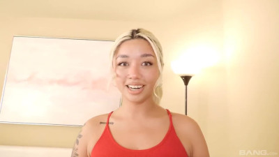 Asian woman with big tits sucks and rides a white guy's cock